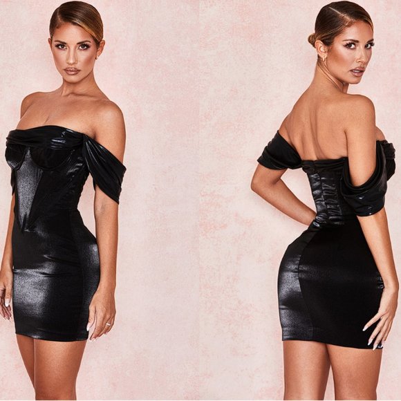 RARE House of CB ‘Lucinda’ Off Shoulder Mini Wetlook Night Out Dress NWT - Picture 2 of 12